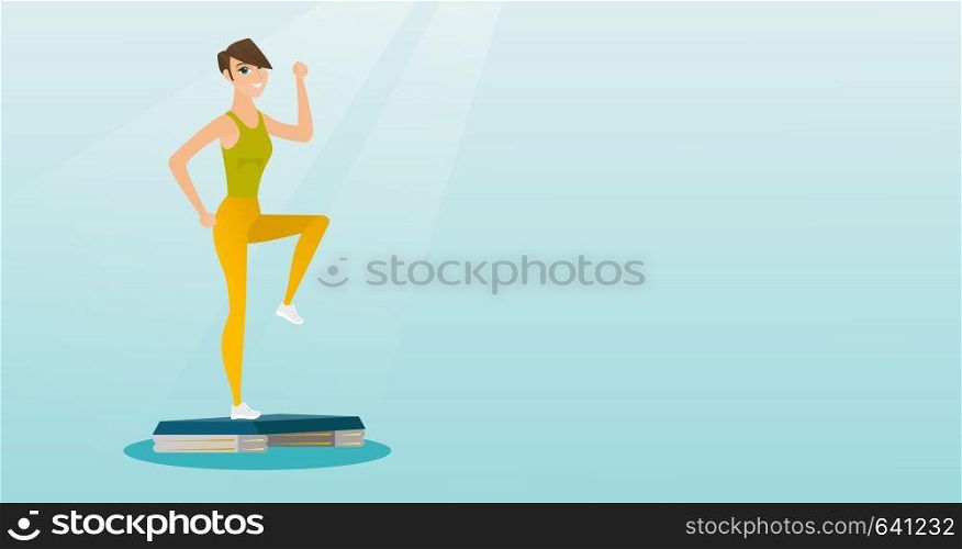 Caucasian woman training with stepper in the gym. Woman doing step exercises. Woman working out with stepper in gym. Sportsman standing on stepper. Vector flat design illustration. Horizontal layout.. Woman exercising on steeper vector illustration.