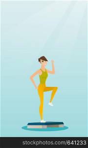 Caucasian woman training with stepper in the gym. Woman doing step exercises. Woman working out with stepper in the gym. Sportsman standing on stepper. Vector flat design illustration. Vertical layout. Woman exercising on steeper vector illustration.