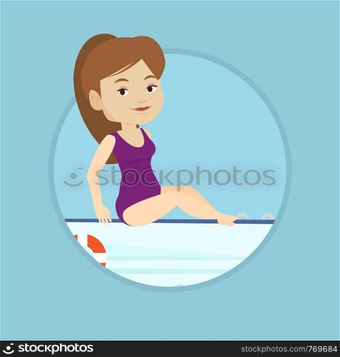 Caucasian woman travelling by yacht. Happy woman tanning on yacht during summer trip. Smiling woman sitting on the front of yacht. Vector flat design illustration in the circle isolated on background.. Young happy woman tanning on sailboat.