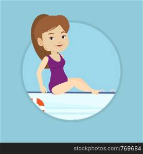 Caucasian woman travelling by yacht. Happy woman tanning on yacht during summer trip. Smiling woman sitting on the front of yacht. Vector flat design illustration in the circle isolated on background.. Young happy woman tanning on sailboat.