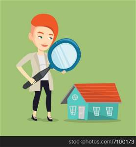Caucasian woman using a magnifying glass for looking for a new house. Woman with a magnifying glass checking a house. Woman analyzing house with loupe. Vector flat design illustration. Square layout.. Woman looking for house vector illustration.