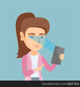 Caucasian woman using a smart mobile phone with retina scanner. Young happy woman using iris scanner to unlock her mobile phone. Vector cartoon illustration. Square layout.. Woman using iris scanner to unlock a mobile phone.