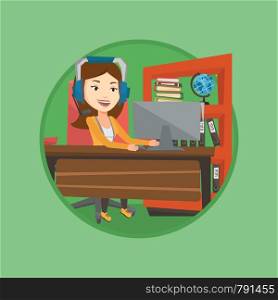 Caucasian woman using computer for playing games. Cheerful woman in headphones playing online games. Woman playing computer game. Vector flat design illustration in the circle isolated on background.. Business woman with headset working at office.