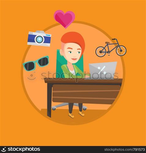 Caucasian woman using laptop for online shopping. Woman doing online shopping. Woman buying in online shop. Girl buying on internet Vector flat design illustration in the circle isolated on background. Woman shopping online vector illustration.