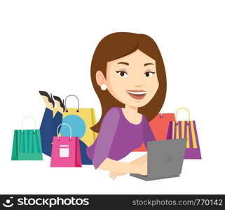 Caucasian woman using laptop for online shopping. Woman lying with laptop and making online shopping order. Woman doing online shopping. Vector flat design illustration isolated on white background.. Woman shopping online vector illustration.