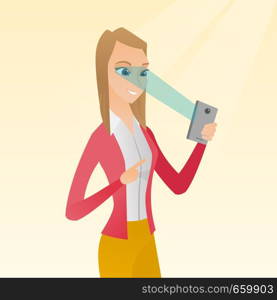 Caucasian woman using smart mobile phone with retina scanner. Young happy woman using iris scanner to unlock her mobile phone. Vector cartoon illustration. Square layout.. Woman using iris scanner to unlock mobile phone.