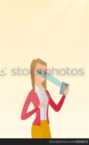 Caucasian woman using smart mobile phone with retina scanner. Young happy woman using iris scanner to unlock her mobile phone. Vector cartoon illustration. Vertical layout.. Woman using iris scanner to unlock mobile phone.