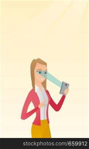 Caucasian woman using smart mobile phone with retina scanner. Young happy woman using iris scanner to unlock her mobile phone. Vector cartoon illustration. Vertical layout.. Woman using iris scanner to unlock mobile phone.