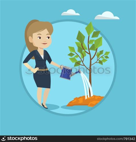 Caucasian woman watering tree. Female gardener with watering can. Young woman gardening. Concept of environmental protection. Vector flat design illustration in the circle isolated on background.. Woman watering tree vector illustration.
