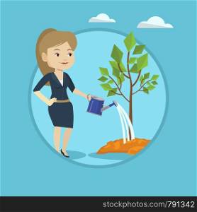 Caucasian woman watering tree. Female gardener with watering can. Young woman gardening. Concept of environmental protection. Vector flat design illustration in the circle isolated on background.. Woman watering tree vector illustration.