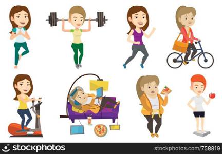 Caucasian woman weighing after diet. Woman satisfied with result of diet. Woman on a diet. Dieting and healthy lifestyle concept. Set of vector flat design illustrations isolated on white background.. Vector set of sport characters.