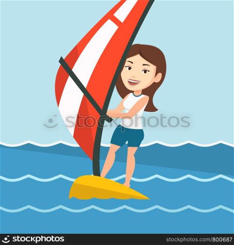 Caucasian woman windsurfing in a bright summer day. Woman standing on the board with sail and learning to windsurf. Windsurfer training on the water. Vector flat design illustration. Square layout.. Young woman windsurfing in the sea.
