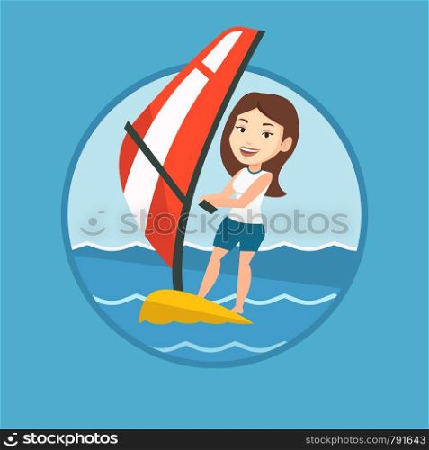 Caucasian woman windsurfing. Woman standing on the board with sail and learning to windsurf. Windsurfer training on the water. Vector flat design illustration in the circle isolated on background.. Young woman windsurfing in the sea.