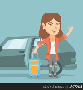 Caucasian woman with a suitcase standing on the background of car with open door. Young woman waving in front of car. Happy woman going on vacation by car. Vector cartoon illustration. Square layout.. Young caucasian woman waving in front of car.