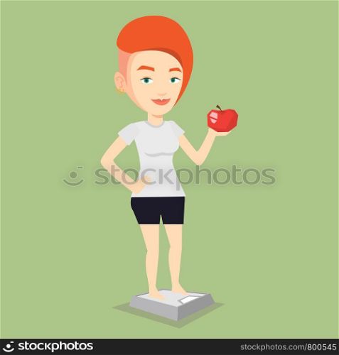 Caucasian woman with apple in hand weighing after diet. Woman satisfied with result of her diet. Woman on a diet. Dieting and healthy lifestyle concept. Vector flat design illustration. Square layout.. Woman standing on scale and holding apple in hand.