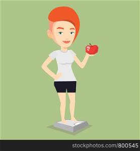 Caucasian woman with apple in hand weighing after diet. Woman satisfied with result of her diet. Woman on a diet. Dieting and healthy lifestyle concept. Vector flat design illustration. Square layout.. Woman standing on scale and holding apple in hand.