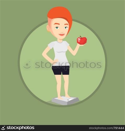 Caucasian woman with apple weighing after diet. Woman satisfied with result of her diet. Dieting and healthy lifestyle concept. Vector flat design illustration in the circle isolated on background.. Woman standing on scale and holding apple in hand.