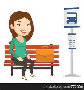 Caucasian woman with briefcase waiting at the bus stop. Businesswoman sitting at the bus stop. Businesswoman sitting on a bus stop bench. Vector flat design illustration isolated on white background.. Business woman waiting at the bus stop.