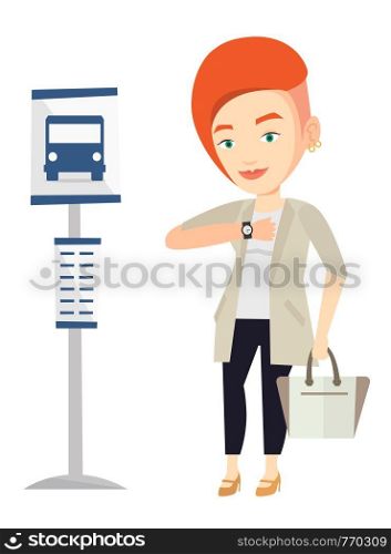 Caucasian woman with briefcase waiting at the bus stop. Businesswoman standing at the bus stop. Woman looking at her watch at the bus stop. Vector flat design illustration isolated on white background. Woman waiting at the bus stop vector illustration.