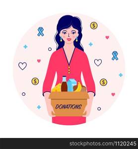 Caucasian woman with donations food box.Charity concept.