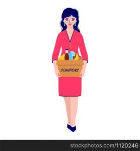 Caucasian woman with donations food box on white background.
