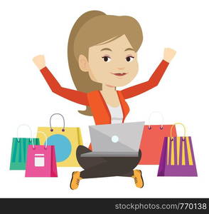 Caucasian woman with hands up using laptop for shopping online. Woman sitting with shopping bags around her and doing online shopping. Vector flat design illustration isolated on white background.. Woman shopping online vector illustration.