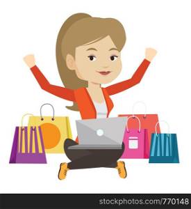 Caucasian woman with hands up using laptop for shopping online. Woman sitting with shopping bags around her and doing online shopping. Vector flat design illustration isolated on white background.. Woman shopping online vector illustration.