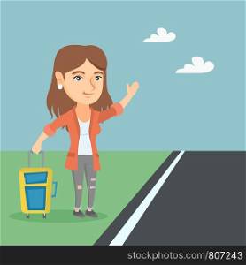 Caucasian woman with s suitcase hitchhiking on the roadside. Hitchhiking woman trying to stop a car on a highway. Woman catching a taxi car by waving hand. Vector cartoon illustration. Square layout.. Young caucasian woman with a suitcase hitchhiking.