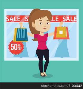 Caucasian woman with shopping bags standing in front of clothes shop with sale sign. Woman holding shopping bags in front of storefront with text sale. Vector flat design illustration. Square layout.. Woman shopping on sale vector illustration.