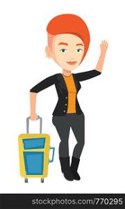 Caucasian woman with suitcase hitchhiking. Hitchhiking woman trying to stop a car on a highway. Woman catching taxi car by waving hand. Vector flat design illustration isolated on white background.. Young woman hitchhiking vector illustration.