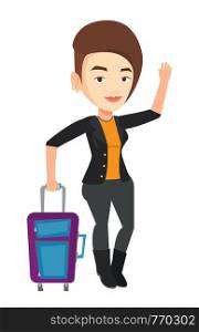 Caucasian woman with suitcase hitchhiking. Hitchhiking woman trying to stop a car on a highway. Woman catching taxi car by waving hand. Vector flat design illustration isolated on white background.. Young woman hitchhiking vector illustration.