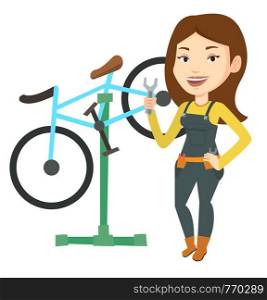 Caucasian woman working in bike workshop. Technician fixing bicycle. Bicycle mechanic repairing bicycle. Woman installing spare part bike. Vector flat design illustration isolated on white background.. Caucasian bicycle mechanic working in repair shop.