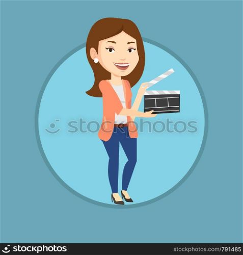 Caucasian woman working with a clapperboard. Smiling woman holding an open clapperboard. Woman holding blank movie clapperboard. Vector flat design illustration in the circle isolated on background.. Smiling woman holding an open clapperboard.