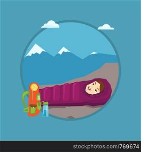 Caucasian woman wrapped up in a mummy sleeping bag. Happy smiling woman relaxing in a sleeping bag while camping in the mountains. Vector flat design illustration in the circle isolated on background.. Woman resting in sleeping bag in the mountains.