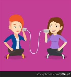 Caucasian women discussing something using tin can telephone. Woman getting message from friend on tin can phone. Friends talking through a tin phone. Vector flat design illustration. Square layout. Young friends talking through tin phone.