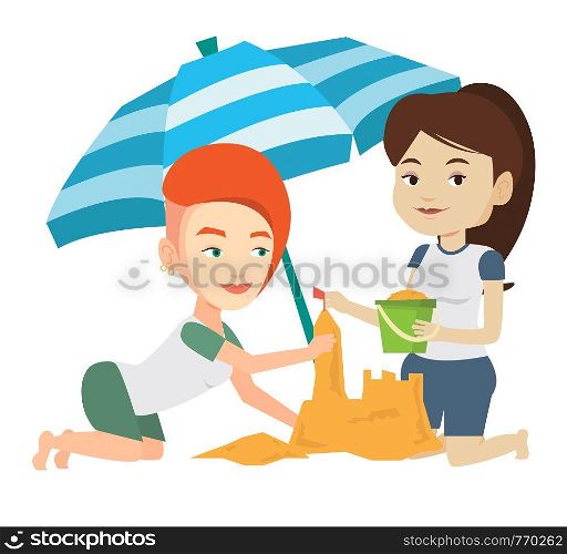 Caucasian women making sand castle on the beach. Friends building sand castle under beach umbrella. Tourism and beach holiday concept. Vector flat design illustration isolated on white background.. Friends building sandcastle on beach.
