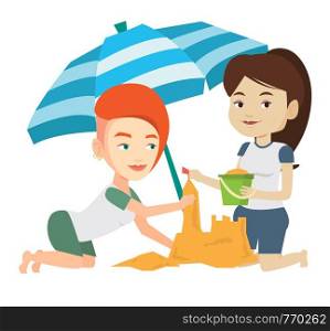 Caucasian women making sand castle on the beach. Friends building sand castle under beach umbrella. Tourism and beach holiday concept. Vector flat design illustration isolated on white background.. Friends building sandcastle on beach.