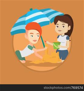 Caucasian women making sand castle on the beach under beach umbrella. Smiling friends building sand castle. Beach holiday concept. Vector flat design illustration in the circle isolated on background.. Friends building sandcastle on beach.