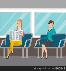Caucasian women traveling by public transport. Woman using mobile phone while traveling by public transport. Woman reading newspaper in public transport. Vector cartoon illustration. Square layout.. Caucasian women traveling by public transport.