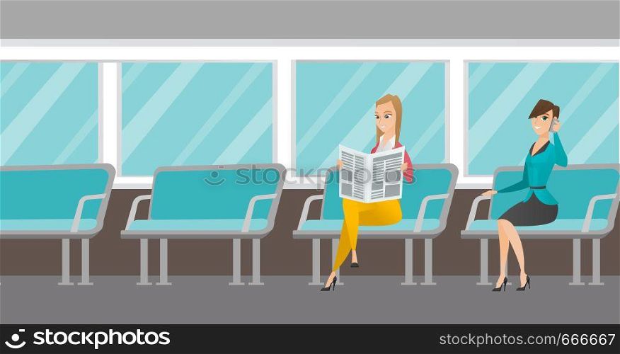 Caucasian women traveling by public transport. Woman using mobile phone while traveling by public transport. Woman reading newspaper in public transport. Vector cartoon illustration. Horizontal layout. Caucasian women traveling by public transport.
