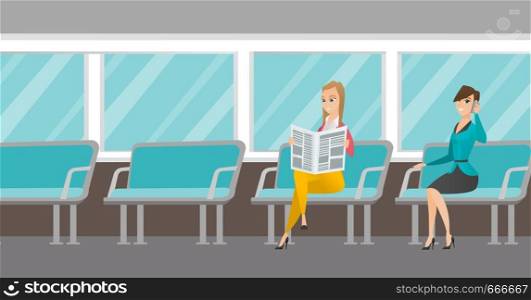 Caucasian women traveling by public transport. Woman using mobile phone while traveling by public transport. Woman reading newspaper in public transport. Vector cartoon illustration. Horizontal layout. Caucasian women traveling by public transport.