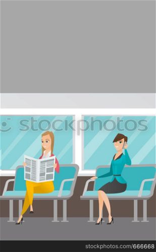 Caucasian women traveling by public transport. Woman using mobile phone while traveling by public transport. Woman reading newspaper in public transport. Vector cartoon illustration. Vertical layout.. Caucasian women traveling by public transport.