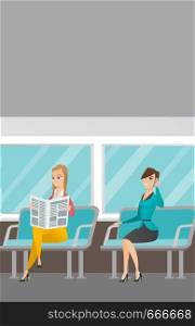 Caucasian women traveling by public transport. Woman using mobile phone while traveling by public transport. Woman reading newspaper in public transport. Vector cartoon illustration. Vertical layout.. Caucasian women traveling by public transport.