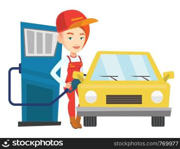 Caucasian worker filling up fuel into the car. Female worker in workwear at the gas station. Young gas station worker refueling a car. Vector flat design illustration isolated on white background.. Worker filling up fuel into car.