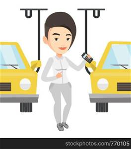 Caucasian worker of car factory. Engineer at work on car factory. Worker controlling automated assembly line for cars. Car production. Vector flat design illustration isolated on white background.. Worker controlling automated assembly line for car