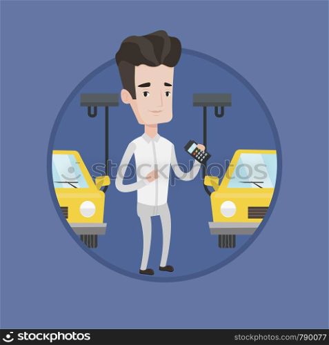 Caucasian worker of car factory. Engineer at work on car factory. Man controlling automated assembly line for cars. Car production. Vector flat design illustration in the circle isolated on background. Worker controlling automated assembly line for car