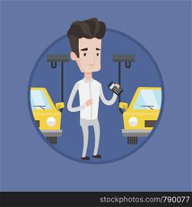 Caucasian worker of car factory. Engineer at work on car factory. Man controlling automated assembly line for cars. Car production. Vector flat design illustration in the circle isolated on background. Worker controlling automated assembly line for car