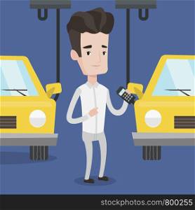 Caucasian worker of car factory. Happy young engineer at work on car factory. Worker controlling modern automated assembly line for cars. Car production. Vector flat design illustration. Square layout. Worker controlling automated assembly line for car