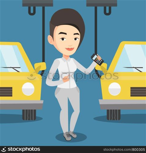 Caucasian worker of car factory. Happy young engineer at work on car factory. Worker controlling modern automated assembly line for cars. Car production. Vector flat design illustration. Square layout. Worker controlling automated assembly line for car