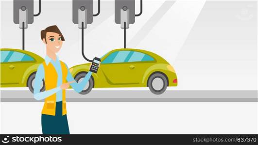 Caucasian worker of car factory. Young engineer at work at car factory. Worker controlling modern automated assembly line for cars. Car production. Vector flat design illustration. Horizontal layout.. Worker controlling automated assembly line for car